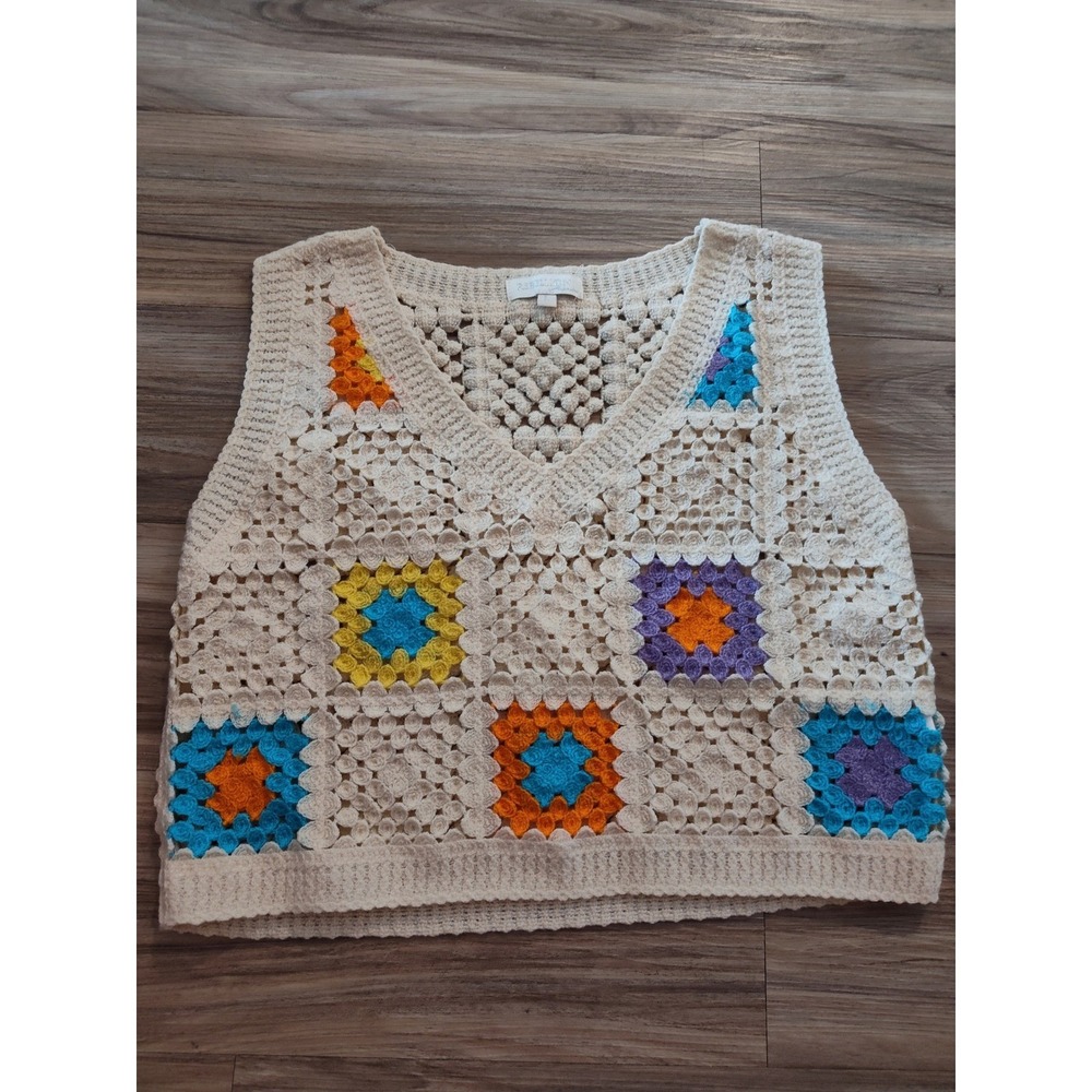 Rebellion Again Crochet Granny Square Sweater Vest Cream Multi Color Boho Large